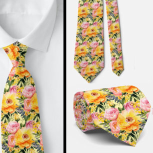 Vår Sommar Rosa och Gult Blommigt Neck Tie Slips