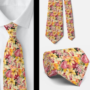 Vår Sommar Rosa och Gult Blommigt Neck Tie Slips