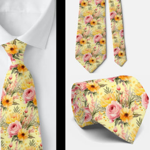 Vår Sommar Rosa och Gult Blommigt Neck Tie Slips