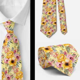 Vår Sommar Rosa och Gult Blommigt Neck Tie Slips