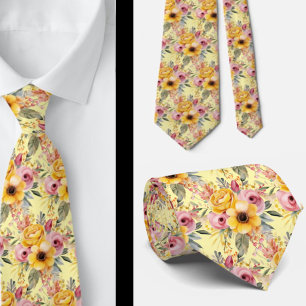 Vår Sommar Rosa och Gult Blommigt Neck Tie Slips