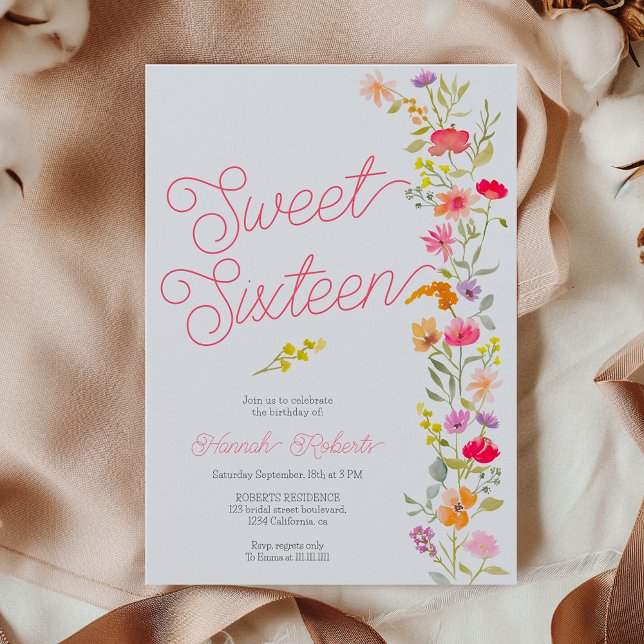 Vår sommar vismblommor blommigt Söt 16 Inbjudningar (Spring summer wildflowers floral Sweet 16 Invitation)