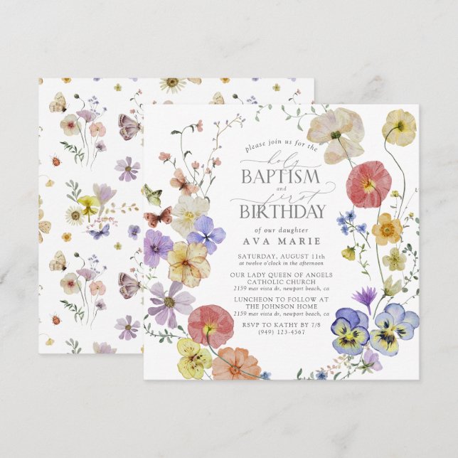 Vår Sommar Wildblomma Baptism 1:a födelsedag Inbjudningar (Fram/baksida)