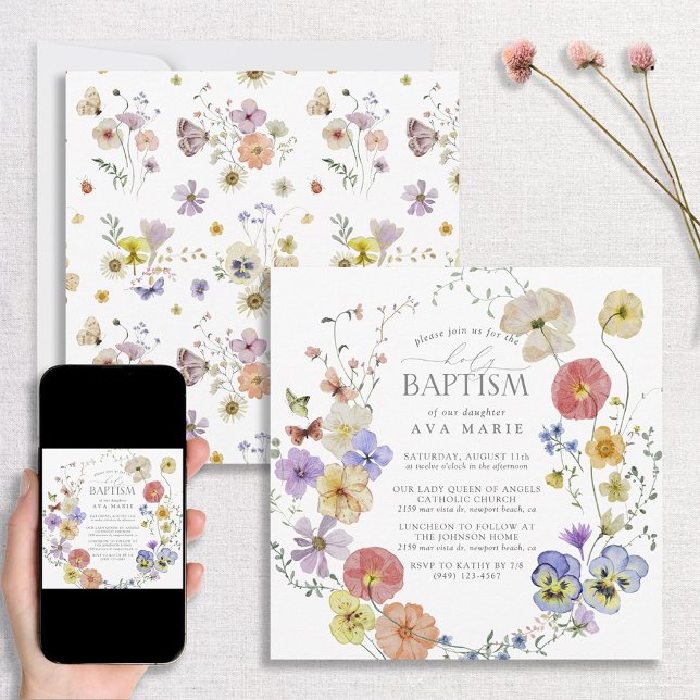 Vår Sommar Wildblommor Watercolor Baptism Inbjudningar (Skapare uppladdad)