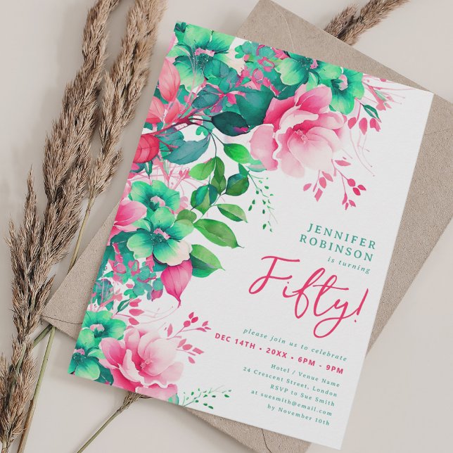 Vår Sommarfärgad Blommigt 50:e födelsedagen Inbjudningar (Spring Summer Watercolor Floral 50th Birthday Invitation)