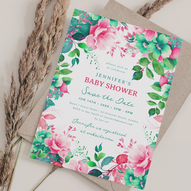 Vår, sommartid, Blommigt, babykläder, Spara Inbjudningar (Spring Summer Floral Baby Shower Save Date Invitation)