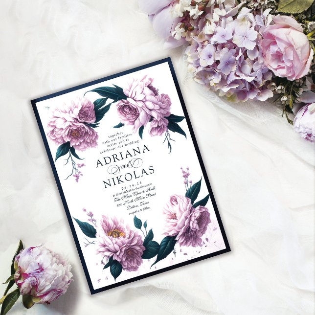 Vår sommartid Rosa Peony Blue Löv Blommigt Bröllop Inbjudningar (Skapare uppladdad)