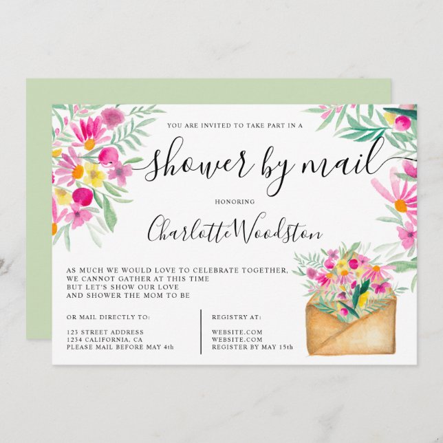 Vår söt blommigt vattenfärgdusch med post inbjudningar (Fram/baksida)