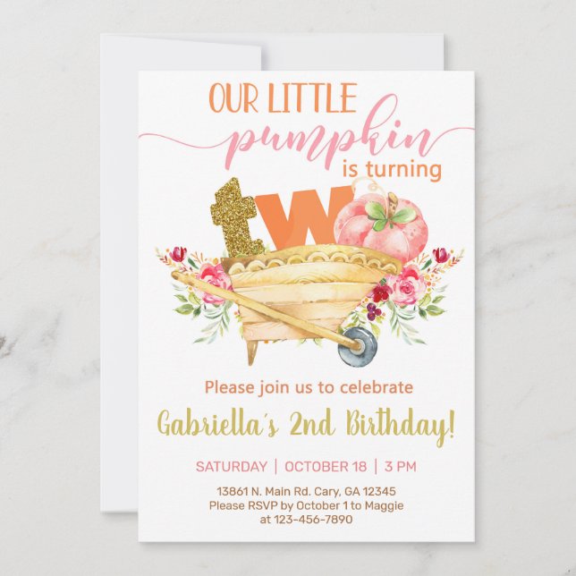 Vår söta lilla pumpa, andra födelsedag inbjudan. inbjudningar (Framsida)