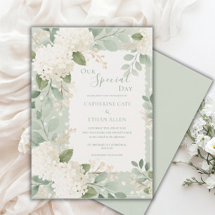 Vår speciella dag Vita Hydrangeas Vintage Bröllop Inbjudningar