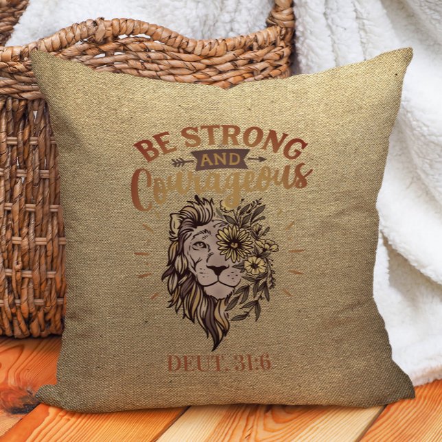 Var stark och modig kristen bibel Lejon Kudde (Lion "Be strong and courageous" Christian Bible verse decorator pillow)
