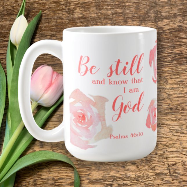Var stilla och känn Anpassningsbarnas handmålade v Kaffemugg (Personalize my Psalms 46:10 Be still and know I am God Bible verse mug hand painted watercolor roses)