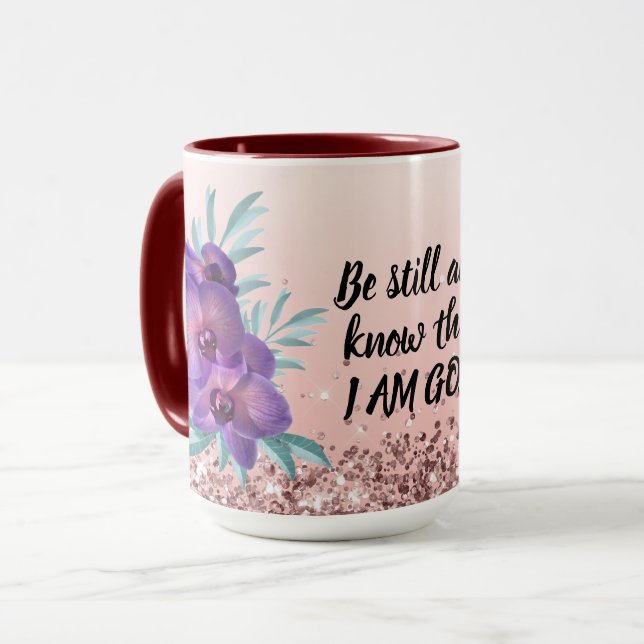 Var Stilla Och Känn Att Jag Är Gud - Blommig Mugg (Framsida vänster)