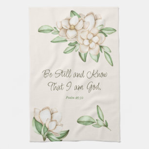 Var stilla och känn Elegant Bible Verse Botanical Kökshandduk