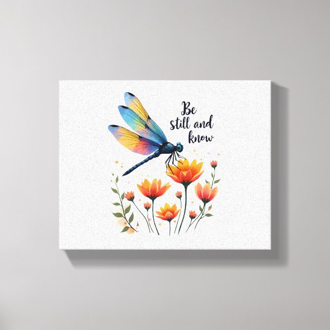 Var stilla och känna Blommigt Dragonfly Christian  Canvastryck (Framsida)