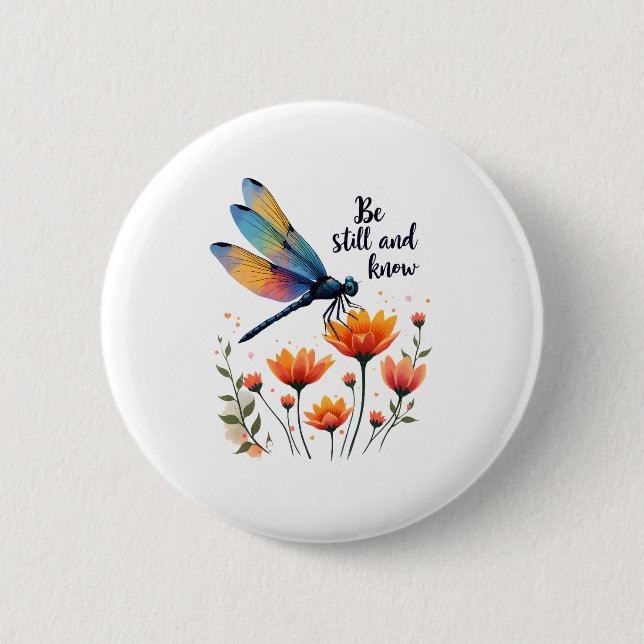 Var stilla och känna Blommigt Dragonfly Christian  Knapp (Framsida)