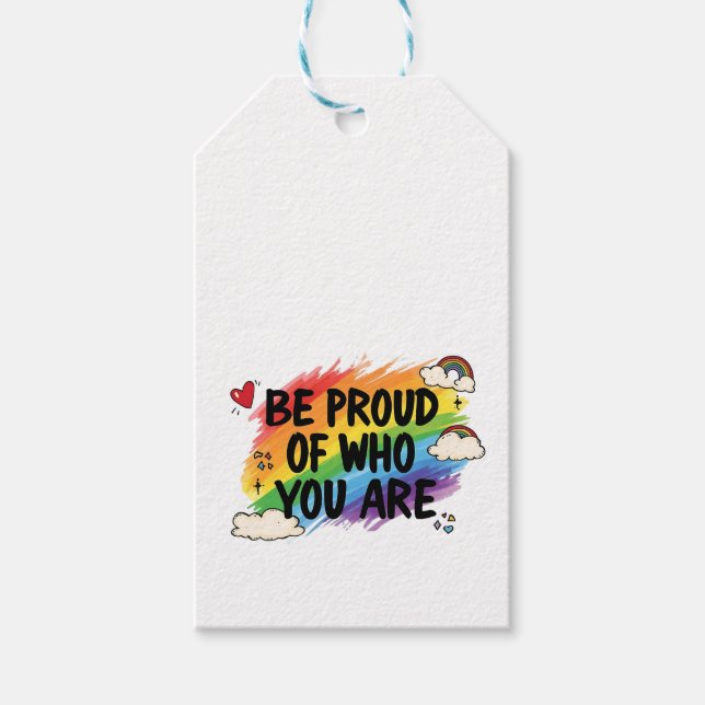 Var stolt över vem du är regnbågscitat lgbtq+ presentetikett (Framsidan)