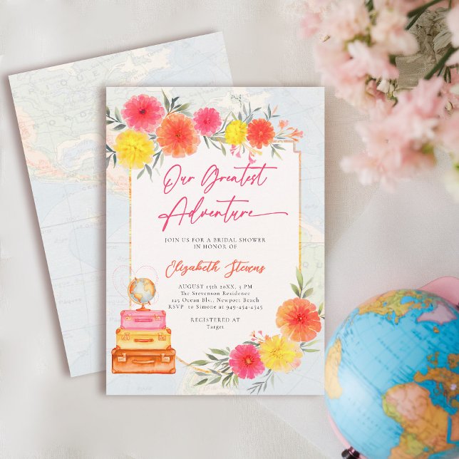 Vår Största Äventyr Blommig Resa Tema Bröllop Inbjudningar (travel bridal shower invitation floral watercolor world map suitcase tropical hot pink zinnia)
