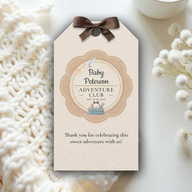 Vår Största Äventyr Neutral Mysig Bebis-fest Presentetikett (our greatest adventure baby shower theme personalized gift tag coed couple vintage neutral)