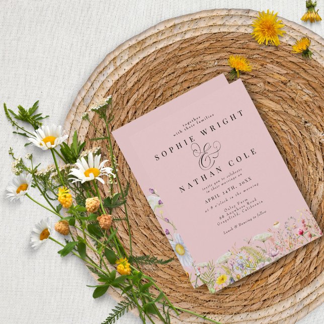 Vår Summer Wildblomma  Rosa Boho Bröllop Inbjudningar (Skapare uppladdad)