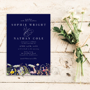 Vår Summer Wildblomman Navy Blue Boho Bröllop Inbjudningar