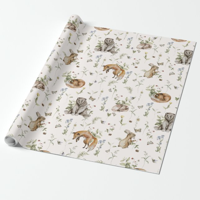 Vår Summer Woodland Animal Baby Nursery Gift Presentpapper (Utrullad)