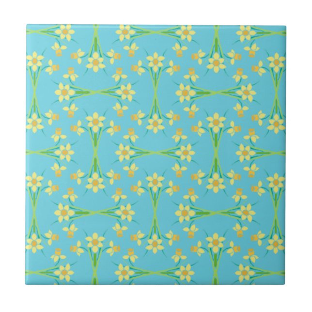 Vår Sunshine Daffodils Himlar Blue Ceramic Tile Kakelplatta (Framsidan)