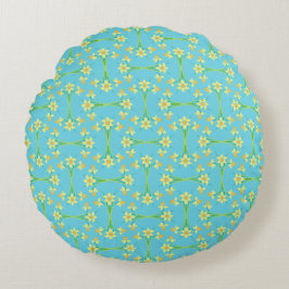 Vår Sunshine Daffodils Himlar Blue Round Pillow Rund Kudde