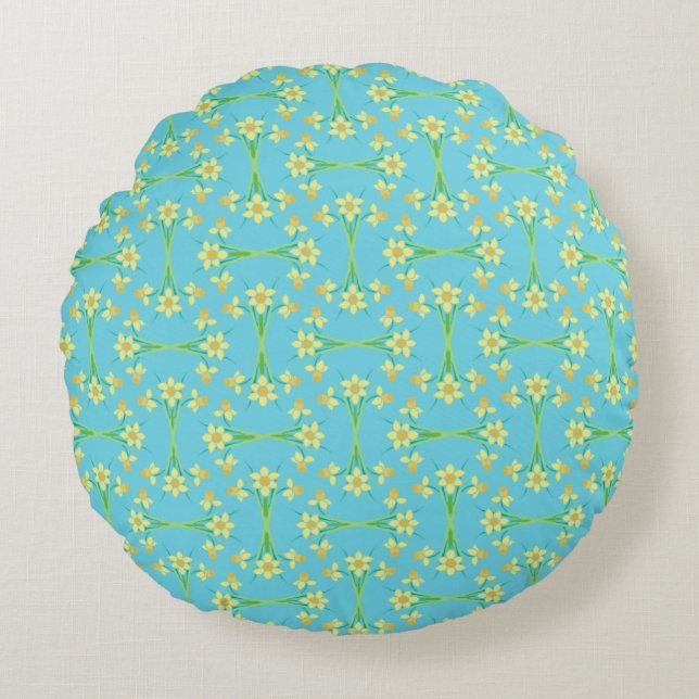 Vår Sunshine Daffodils Himlar Blue Round Pillow Rund Kudde (Framsidan)