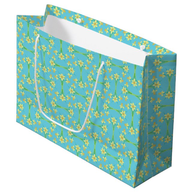 Vår Sunshine Daffodils on Blue Large Gift Bag (Framsidan Vinklad)