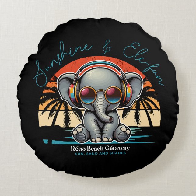 Vår Sunshine och Ele-roligt Retro Beach Getaway Rund Kudde (Framsidan)