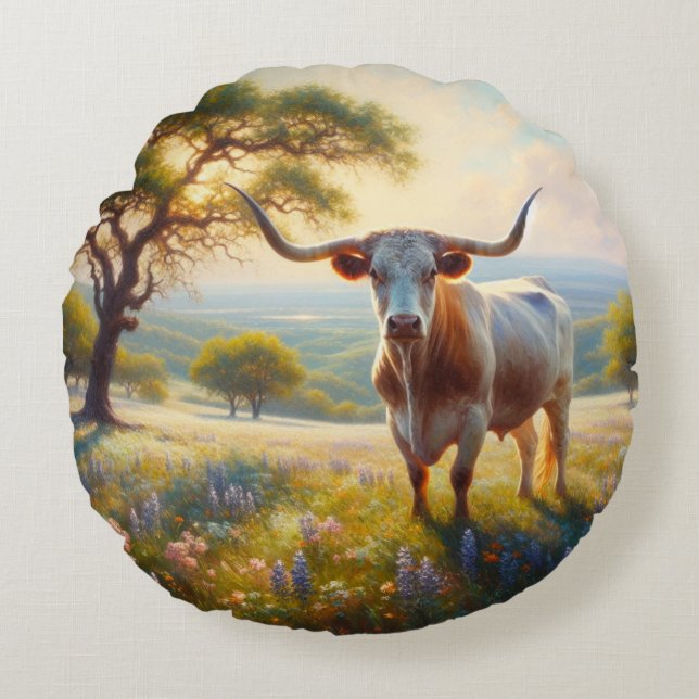 Vår Texas longhorn ko Rund Kudde (Framsidan)