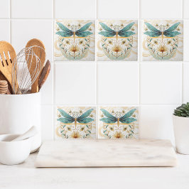 Vår ThLED Whimsical Blue och Guld Dragonfly Kakelplatta