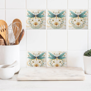 Vår ThLED Whimsical Blue och Guld Dragonfly Kakelplatta