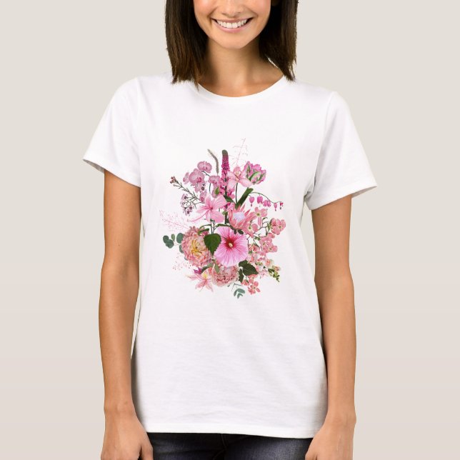 Vår tropiska rosa blommor bouquet. t shirt (Framsida)