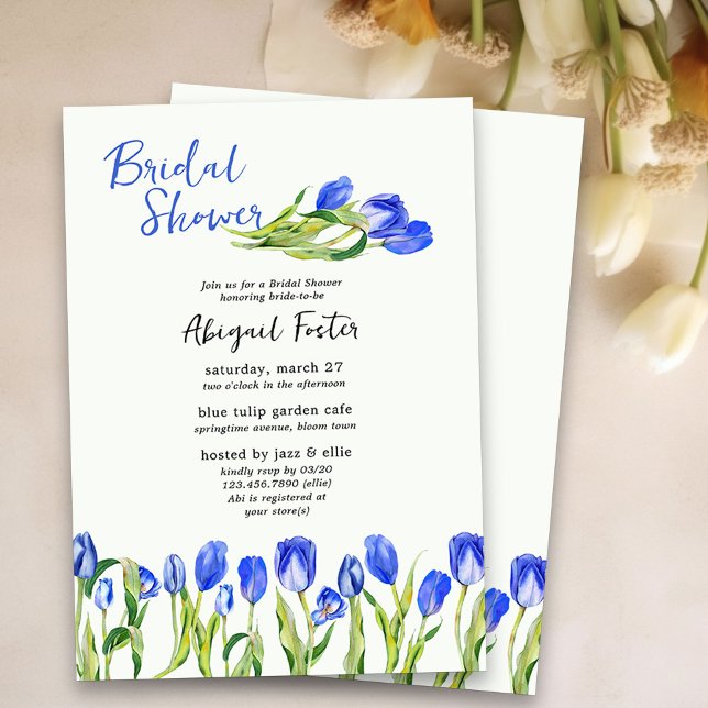 Vår Tulip Flowers Blue Blommigt Möhippa Inbjudningar (Tulip Bridal Shower Invitation - perfect for spring or easter bridal shower)