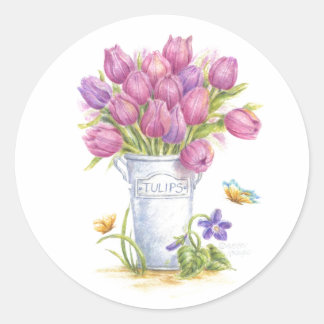 Vår Tulip Pail Stickers Runt Klistermärke