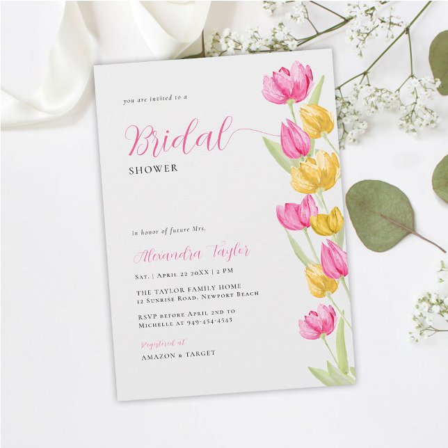 Vår Tulips Boho Chic Rosa Gult Möhippa  Inbjudningar (spring bridal shower invitation tulips pink yellow floral watercolor boho chic calligraphy pretty)