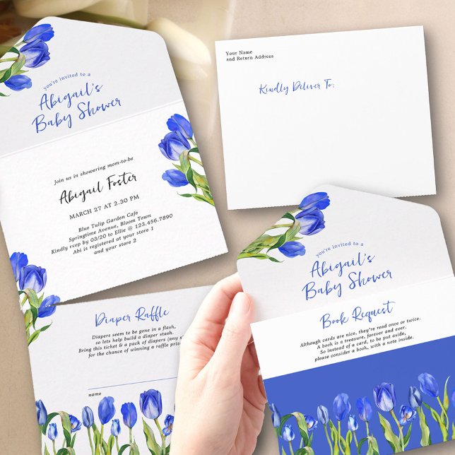Vår Tulips Bok Request och Diaper Baby Shower (Tulip Baby Shower Invitation asking for book instead of a card with tear-off diaper raffle ticket)