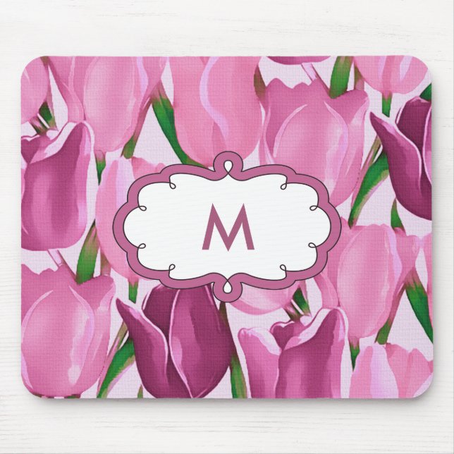 Vår Tulips Painting Anpassningsbar Monogram Gift Musmatta (Framsidan)