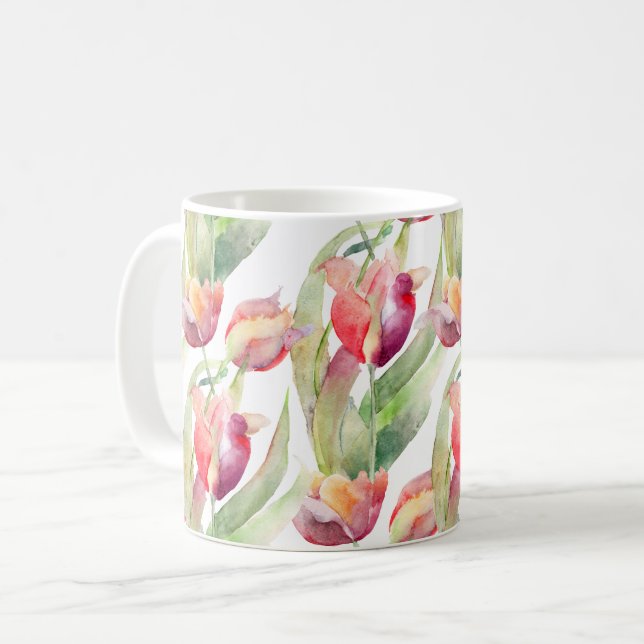 Vår Tulips Watercolor Blommigt Kaffemugg (Framsida vänster)