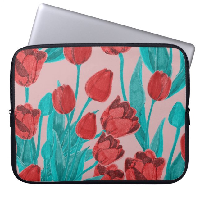 Vår-tulpaner, handdragna blommönster laptop fodral (Framsidan)