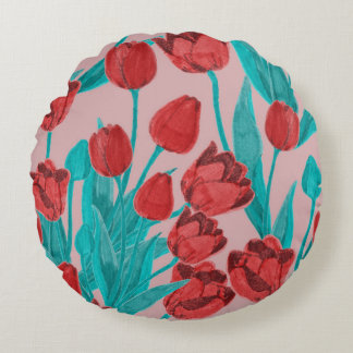 Vår-tulpaner, handdragna blommönster rund kudde