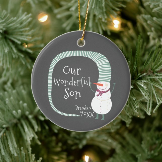 Vår underbara son Personlig Boy's Namn Snögubbe Julgransprydnad Keramik (Träd)