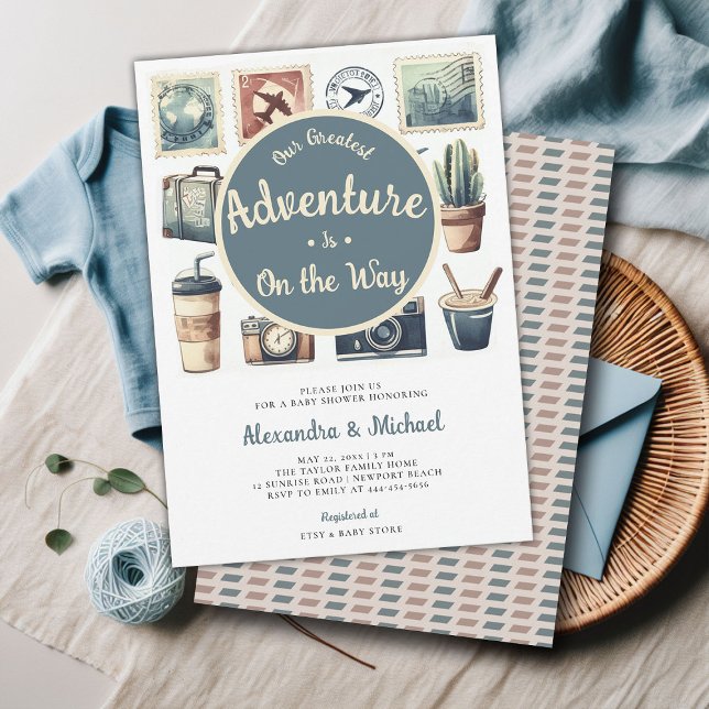 Vår Underbarare Äventyr Retro Coed Pojke Shower Inbjudningar (greatest adventure baby boy shower invitation retro vintage watercolor coed travels voyage)
