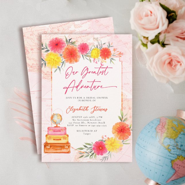 Vår Underbarare Äventyr Zinnia Bright Blommigt-Möh Inbjudningar (travel bridal shower invitation floral watercolor world map suitcase hot pink orange yellow tropical)
