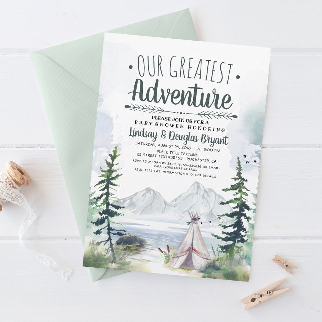Vår Underbarare babyskor för Äventyr-bergen Inbjudningar (Our Greatest Adventure - Camping Themed Baby Shower Invitations)