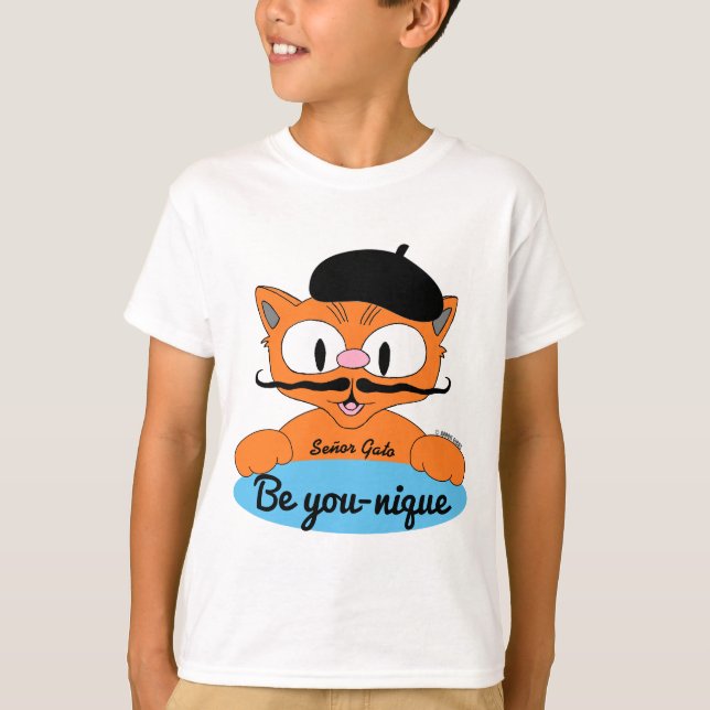 Var unik (Var unik) Tecknad Mustasch katt Blå T Shirt (Framsida)