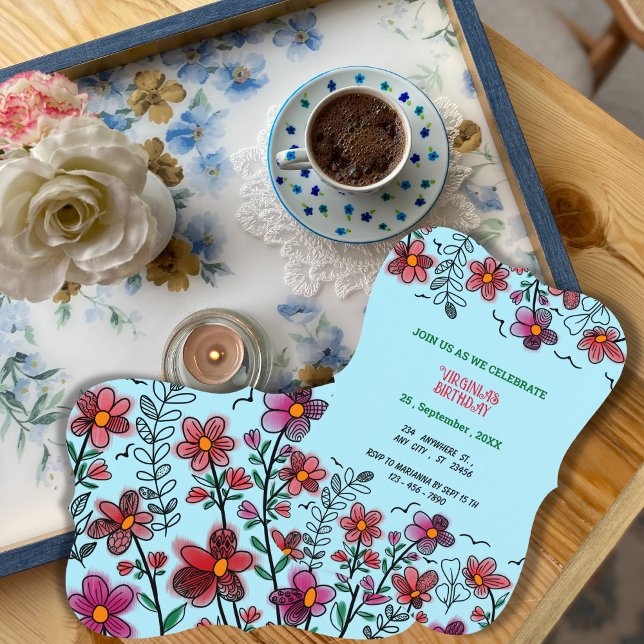 VÅR UNIQUE RED DOODLE FLOWERS BIRTHDAY INBJUDNINGAR (Skapare uppladdad)