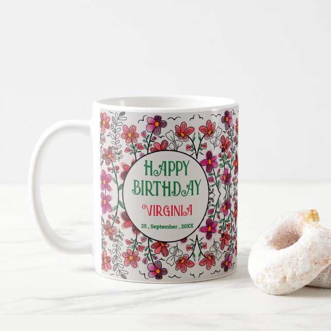 VÅR UNIQUE RED DOODLE FLOWERS BIRTHDAY KAFFEMUGG (Med munk)